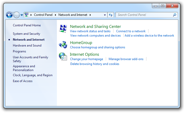 Windows explorer window open to the location of the Network and Internet folder